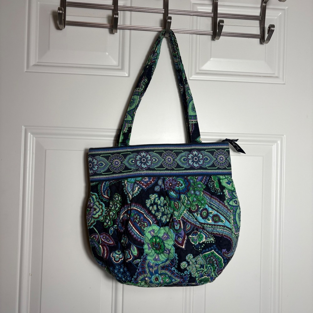 Vera Bradley Blue Green Paisley Quilted Shoulder Bag Floral Tote Zipped Purse